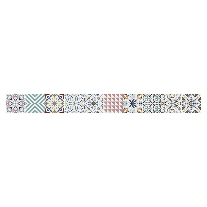 Cenefa decorativa Hidráulica - 3 pzs., L x An: 115 x 11,5 cm, Multicolor, Plástico - Azulejos decorativos variados con patrones geométricos y florales coloridos.