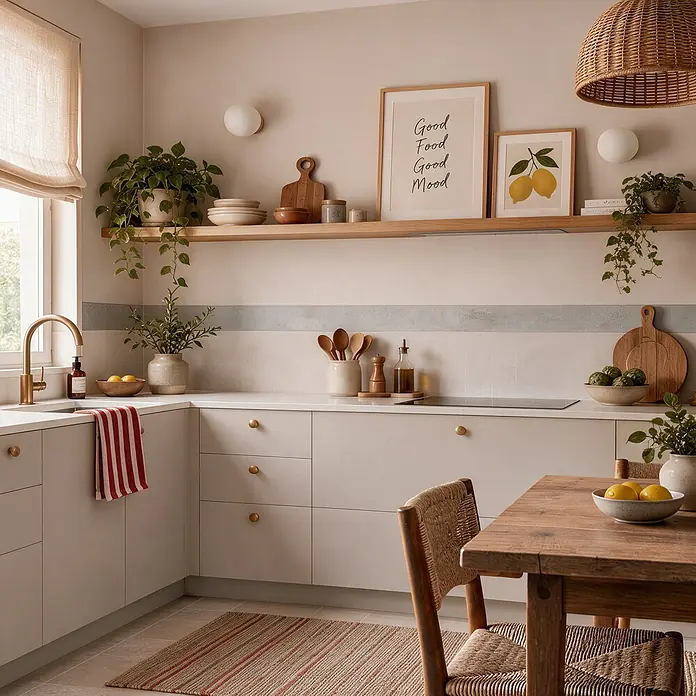 Cenefa decorativa Efecto Porcelanato - 3 pzs., L x An: 115 x 11,5 cm, Gris, Plástico - Una cocina cálida y moderna con gabinetes beige claro, estanterías de madera abiertas y una lámpara colgante tejida, decorada con plantas y arte.