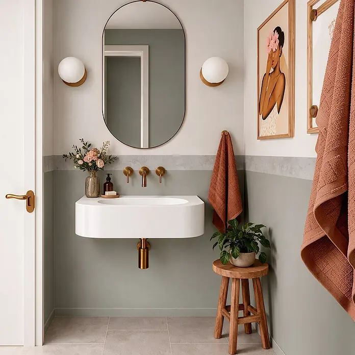 Cenefa decorativa Efecto Porcelanato - 3 pzs., L x An: 115 x 11,5 cm, Gris, Plástico - Baño moderno con lavabo blanco suspendido, grifería de latón, espejo ovalado y acentos cálidos como toallas de terracota y un taburete de madera.