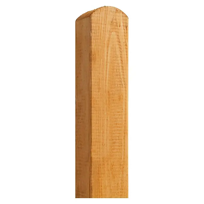 Holzpfosten Starnberg - Höhe: 190 cm, Kiefer/Fichte, Herbstgold - Nahaufnahme eines glatten, hölzernen Zaunpfostens mit abgerundeter Oberseite, der die natürliche Maserung und Textur des Holzes zeigt.