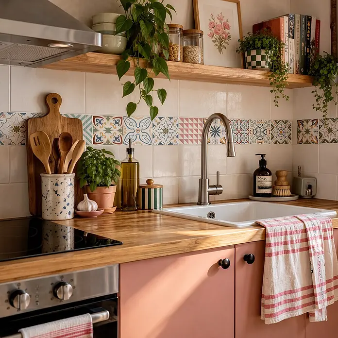 Cenefa decorativa Hidráulica - 3 pzs., L x An: 115 x 11,5 cm, Multicolor, Plástico - Cocina acogedora con encimeras de madera clara, armarios rosas, fregadero blanco y salpicadero de azulejos decorativos. Plantas y utensilios en estantes.