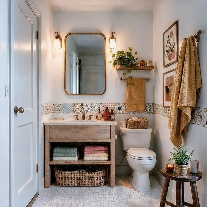 Cenefa decorativa Hidráulica - 3 pzs., L x An: 115 x 11,5 cm, Multicolor, Plástico - Tocador de baño de madera rústica con lavabo blanco y grifería de latón en un baño acogedor, con azulejos estampados e iluminación cálida.
