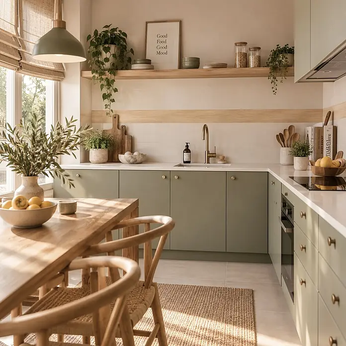 Cenefa decorativa Efecto Madera - 3 pzs., L x An: 115 x 11,5 cm, Marrón, Plástico - Cocina moderna y luminosa con armarios verde salvia, estantes de madera clara y una mesa de comedor de madera natural, bañada por el sol.