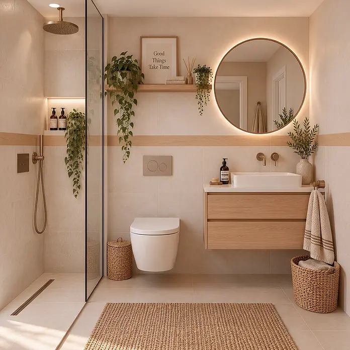 Cenefa decorativa Efecto Madera - 3 pzs., L x An: 115 x 11,5 cm, Marrón, Plástico - Un baño moderno y tranquilo con azulejos beige claro, tocador de madera, espejo redondo iluminado, ducha de cristal y plantas verdes, creando un ambiente cálido y natural.