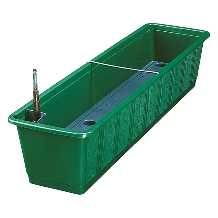 Geli Aqua Green Plus Bewässerungsbalkonkasten - Max. Außenlänge: 80 cm, Dunkelgrün - Ein rechteckiger, grüner Pflanzkasten mit einem Bewässerungssystem. Ideal für den Anbau von Pflanzen auf Balkonen oder Terrassen.