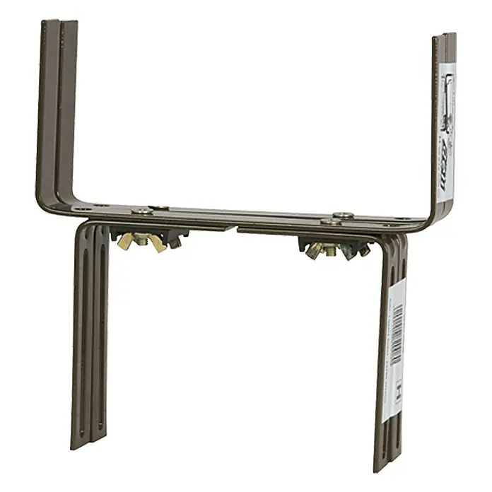 Geli Balkonkastenhalter Typ H - Braun, 2-fach verstellbar, 2 Stk. - Ein brauner, metallischer Dachrinnenhalter mit verstellbaren Schrauben für eine sichere Befestigung, ideal für Regenwasserableitung.