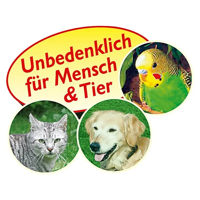 Neudorff BioTrissol Fertilizante para hierbas - 250 ml - Imagen de un gato, perro y periquito, que denota seguridad para humanos y animales, sugiriendo un producto apto.