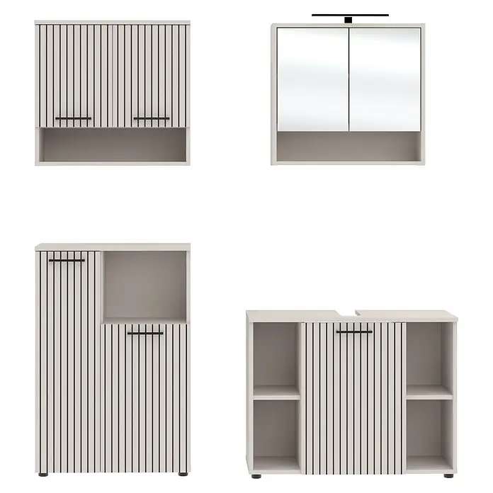Respekta Badmöbel-Set Lina - Gesamtbreite Badmöbel: 155 cm, Kaschmir, Matt, Mit Beleuchtung, 4 -tlg. - Hellfarbige Möbelstücke mit vertikalen schwarzen Latten, teils mit Türen, Regalen oder Spiegeln und schwarzen Griffen.