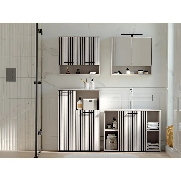 Respekta Badmöbel-Set Lina - Gesamtbreite Badmöbel: 155 cm, Kaschmir, Matt, Mit Beleuchtung, 4 -tlg. - Helle Badmöbel mit schwarzen vertikalen Lamellentüren und Griffen, Teil einer modularen Badlösung.