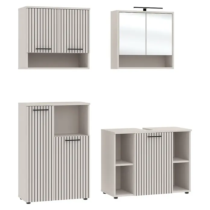 Respekta Badmöbel-Set Lina - Gesamtbreite Badmöbel: 155 cm, Kaschmir, Matt, Mit Beleuchtung, 4 -tlg. - Weiße Badschränke mit schwarzen Vertikallamellen und Griffen: Wand- und Standeinheiten (Spiegel/Lamellen, Lamellen/Regale).