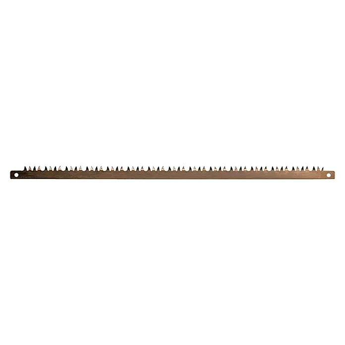 Gardena Bügelsägen-Ersatzblatt - Sägeblattlänge: 35 cm - Nahaufnahme eines Metallsägeblatts mit scharfen Zähnen und Löchern zur Befestigung. Ideal für präzise Holzarbeiten.