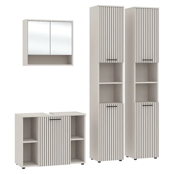 Respekta Badmöbel-Set Lina - Gesamtbreite Badmöbel: 180 cm, Kaschmir, Matt, Ohne Beleuchtung - Hellgraues Badezimmermöbel-Set mit Lamellendetails, bestehend aus Wandschrank, Waschtischunterschrank und zwei Hochschränken.