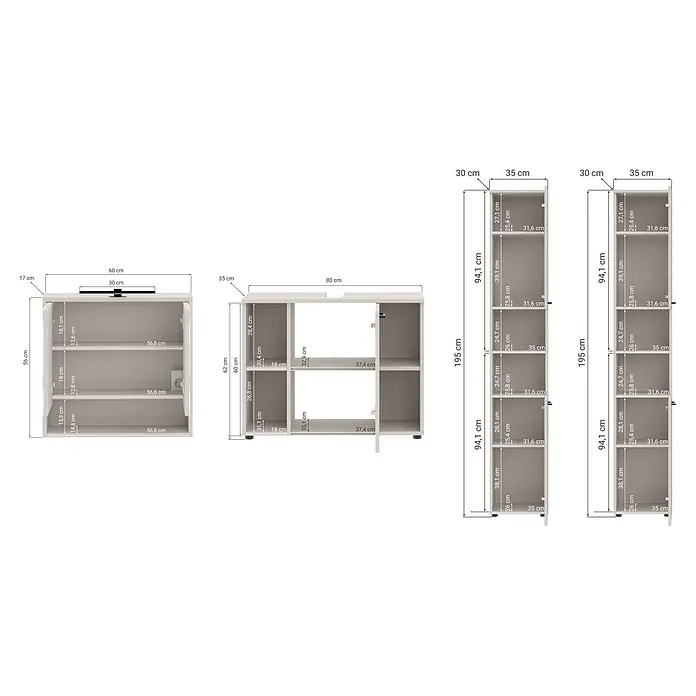 Respekta Badmöbel-Set Lina - Gesamtbreite Badmöbel: 180 cm, Kaschmir, Matt, Ohne Beleuchtung - Helle modulare Aufbewahrungsmöbel in Beige mit Schrank, Konsole und zwei hohen Regaleinheiten, mit Maßen.