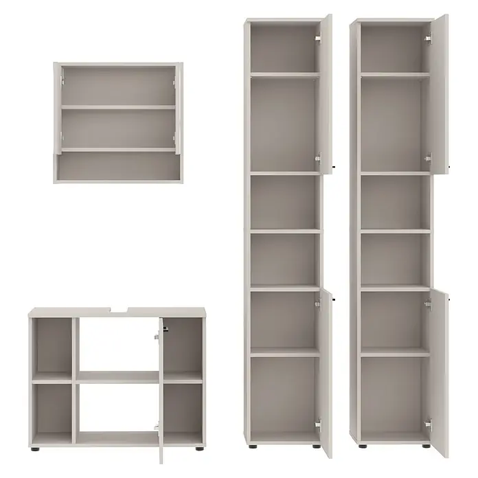 Respekta Badmöbel-Set Lina - Gesamtbreite Badmöbel: 180 cm, Kaschmir, Matt, Ohne Beleuchtung - Helle graue modulare Aufbewahrungseinheiten: ein Wandschrank, ein niedriger Schrank mit Regalen und einer Tür, und zwei hohe Schränke mit offenen Türen und Regalböden.