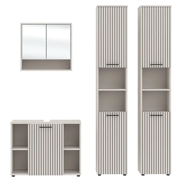 Respekta Badmöbel-Set Lina - Gesamtbreite Badmöbel: 180 cm, Kaschmir, Matt, Ohne Beleuchtung - Helles Badezimmerset in Beige mit dunklen vertikalen Lamellen: Spiegelschrank, Waschbeckenschrank und zwei hohe Stauschränke.