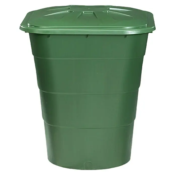 Garantia Basic Line Regentonne - 203 l, Grün - Ein grüner, regentonnenförmiger Behälter mit einem quadratischen Deckel. Ideal für die Gartenarbeit und umweltfreundliche Wassernutzung.