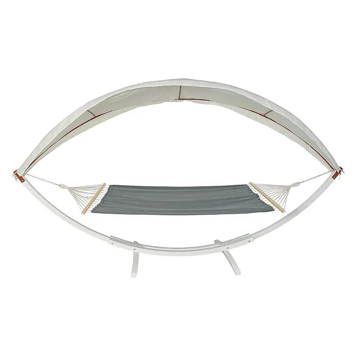 Mendler Hängematte HWC-J47 bis 200kg 420cm - weiß, grau -  - Graue Stoffhängematte auf einem weißen geschwungenen Ständer mit passendem weißem Sonnendach.