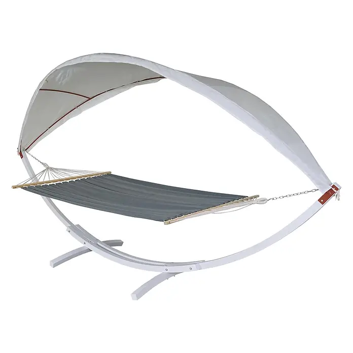 Mendler Hängematte HWC-J47 bis 200kg 420cm - weiß, grau -  - Hängematte mit grauem Stoff, weißem geschwungenen Gestell und weißem Sonnendach.