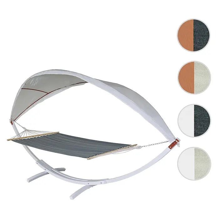 Mendler Hängematte HWC-J47 bis 200kg 420cm - weiß, grau -  - Hängematte mit weißem Gestell, weißem Sonnendach und dunkelgrauem Stoff. Farbmuster für alternative Stoffoptionen enthalten.
