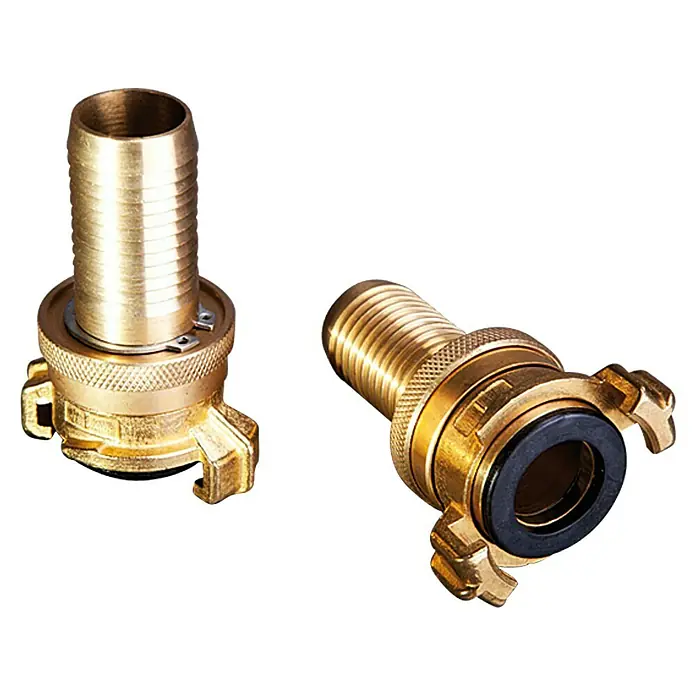 Saug- & Hochdruckkupplung - ¾″, Messing - Zwei goldene Schlauchkupplungen, eine mit Gewinde, die andere mit einem Schlauchanschlussstück.