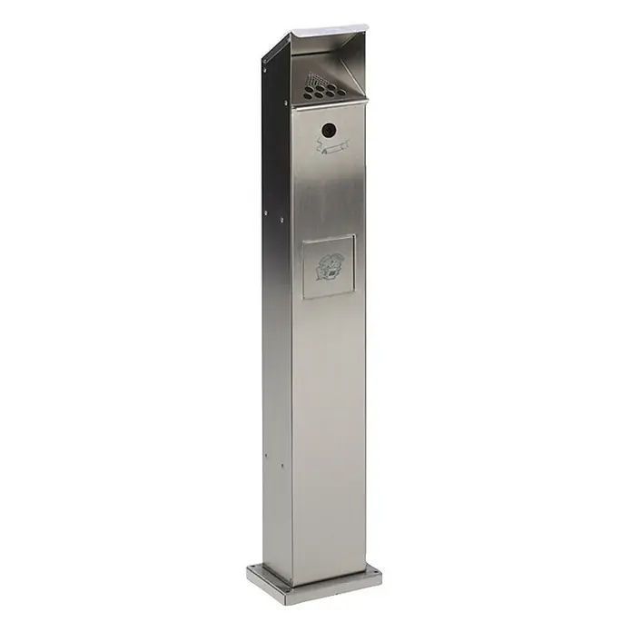 Kombiascher Standsäule für Außenbereich | HxBxT 115x18x15cm | Edelstahl -  - Edelstahl-Standascher für den Außenbereich mit Löschgitter oben und Abfallfach, versehen mit einem Zigarettensymbol.