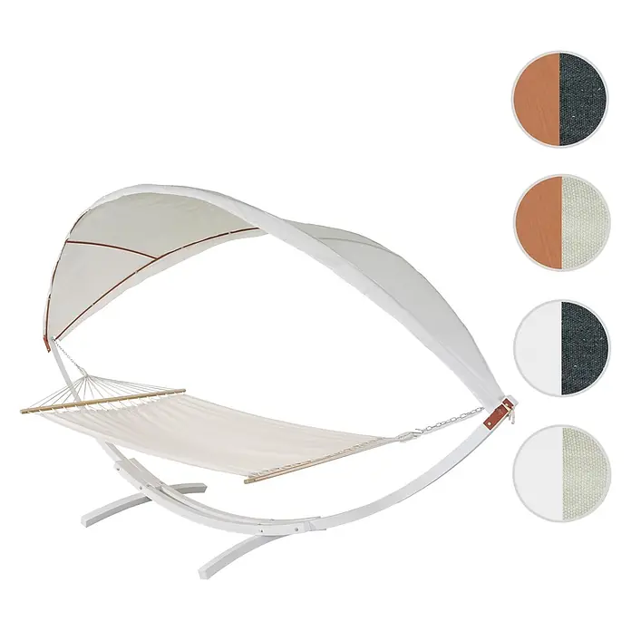 Mendler Hängematte HWC-J47 bis 200kg 420cm - weiß, Creme-weiß -  - Weißer Outdoor-Hängematte mit geschwungenem Gestell und Sonnendach. Stoffmuster für Farbvarianten enthalten.