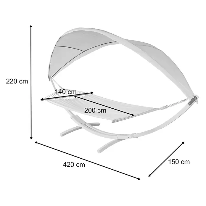 Mendler Hängematte HWC-J47 bis 200kg 420cm - weiß, Creme-weiß -  - Weißer Hängemattenständer mit Hängematte und Dach, Maße 420 cm Länge x 150 cm Breite x 220 cm Höhe, Liegefläche 200x140 cm.