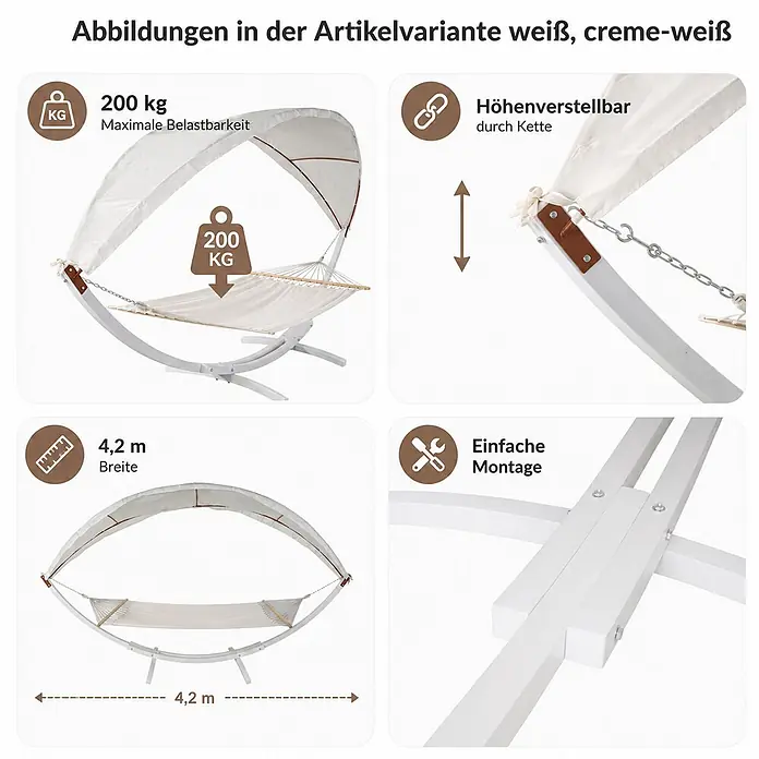 Mendler Hängematte HWC-J47 bis 200kg 420cm - weiß, Creme-weiß -  - Weißes Hängematten-Gestell mit Baldachin, 200 kg Traglast, höhenverstellbar und 4,2 m breit.