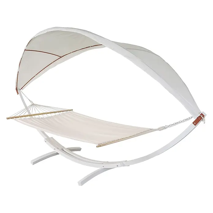 Mendler Hängematte HWC-J47 bis 200kg 420cm - weiß, Creme-weiß -  - Weißer Hängematte mit Gestell und Sonnendach für Entspannung im Freien. Verfügt über eine cremefarbene Stoffliege, Holzspreizstäbe und ein weißes Bogengestell.