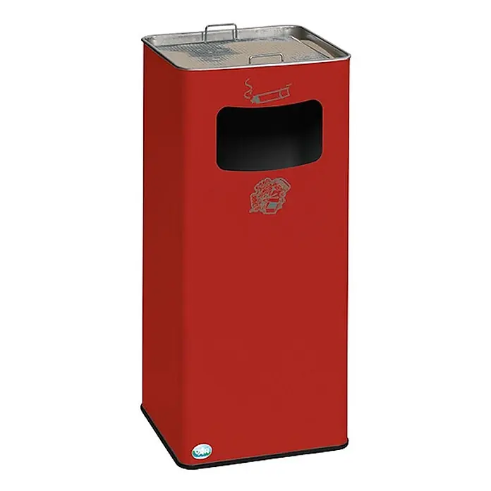 Klassischer Kombiascher eckig | HxBxT 70,5x33x33cm | Verzinkter Stahl | Rot -  - Roter, rechteckiger Asche- und Abfallbehälter mit Metallplatte, versehen mit Zigaretten- und Kaffeebechersymbolen.