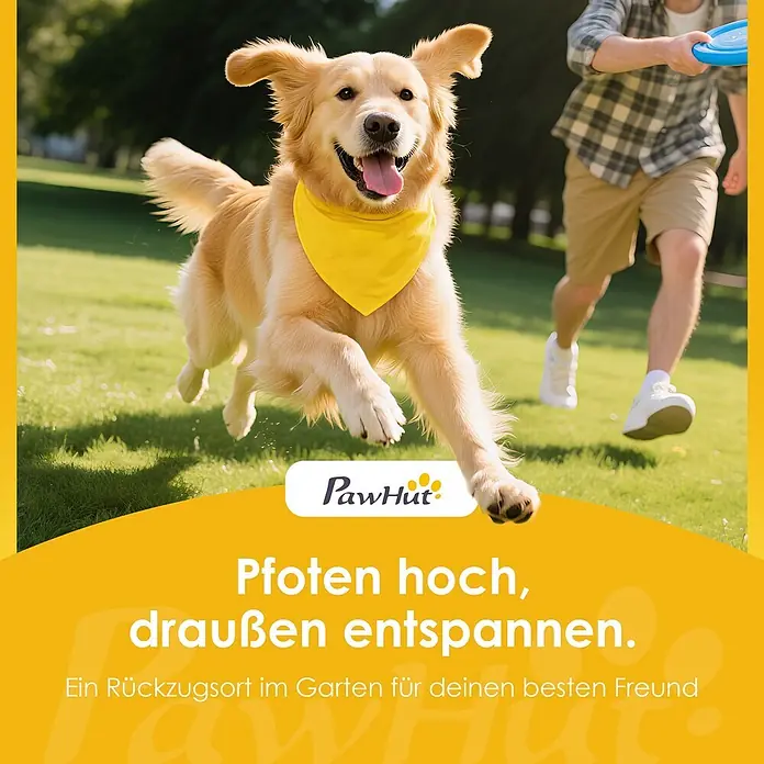 PawHut Hundehütte Grau 103L x 107B x 83,5H cm -  - Glücklicher Golden Retriever läuft im Park, symbolisiert einen Gartenrückzugsort für Hunde.