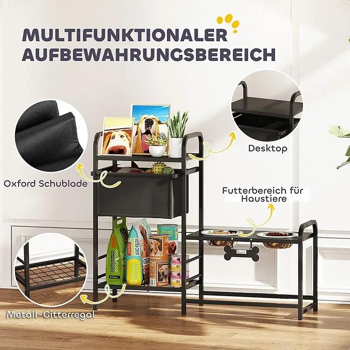 PawHut Futternapfstation Schwarz 89,5L x 27B x 74H cm -  - Schwarze Futterstation aus Metall mit Aufbewahrung, inklusive Oxford-Stoffschublade und Gitterregal für Tierfutter.
