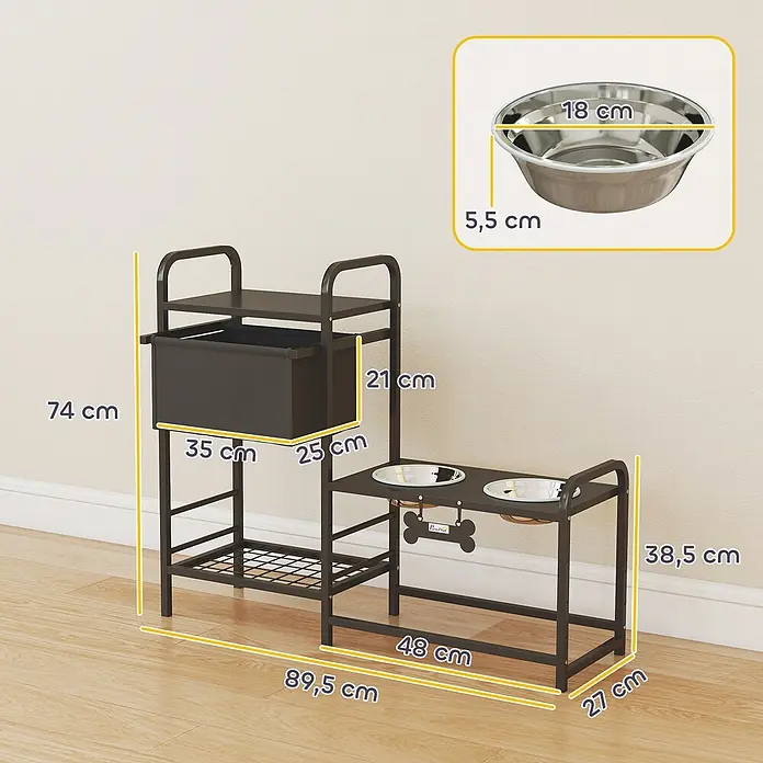 PawHut Futternapfstation Schwarz 89,5L x 27B x 74H cm -  - Dunkle Haustierfutterstation aus Metall mit erhöhten Näpfen und Aufbewahrungsbox, Maße sichtbar.