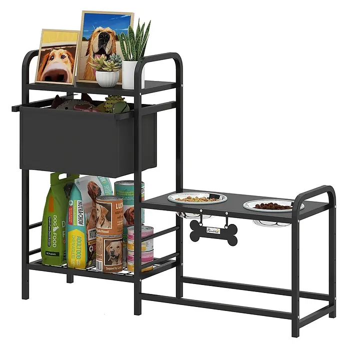 PawHut Futternapfstation Schwarz 89,5L x 27B x 74H cm -  - Schwarze Futterstation aus Metall mit integrierten Regalen, Aufbewahrungsbehälter und mehreren Futternäpfen.