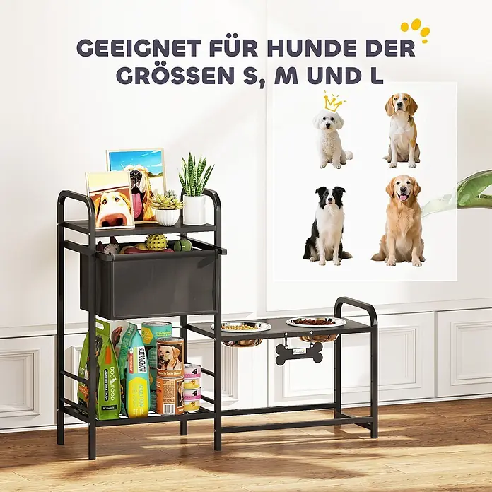 PawHut Futternapfstation Schwarz 89,5L x 27B x 74H cm -  - Schwarze Futterstation aus Metall mit erhöhten Näpfen und Ablageflächen, geeignet für Hunde der Größen S, M und L.