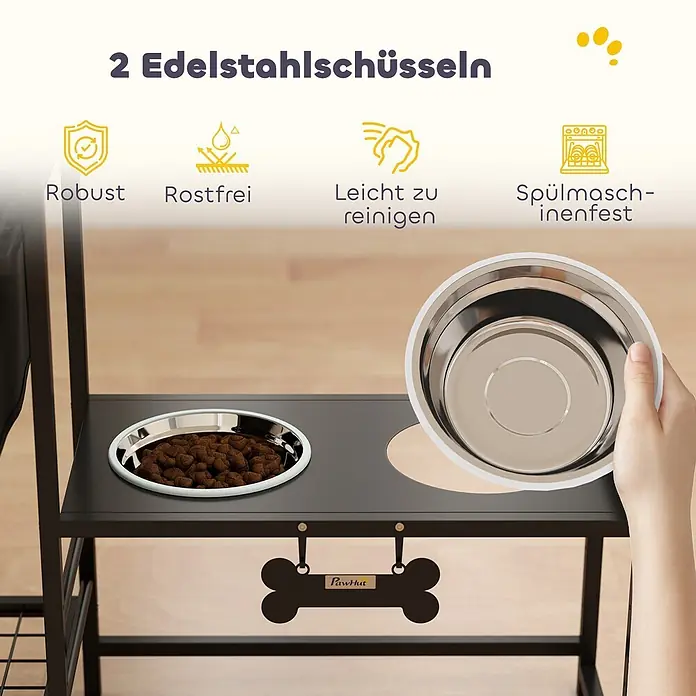 PawHut Futternapfstation Schwarz 89,5L x 27B x 74H cm -  - Schwarze erhöhte Futterstation für Haustiere mit zwei herausnehmbaren Edelstahlschüsseln, eine mit Futter gefüllt.