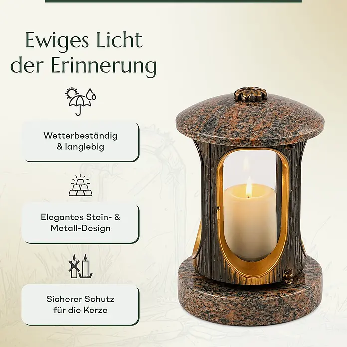 Runde Grablaterne Ø 15 cm, H 22 cm, Granit Gneis Halmstad, Gold-Messing -  - Elegantes Grablicht aus braun-schwarz gesprenkeltem Granit und Metall, mit brennender Kerze innen.