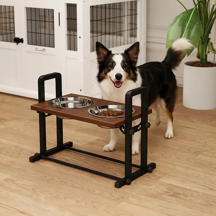 PawHut Futternapfstation Braun 48L x 26B x 36,5H cm -  - Höhenverstellbarer Fressnapf-Ständer aus Holz mit zwei Edelstahlnäpfen und schwarzem Metallgestell, von einem Hund genutzt.