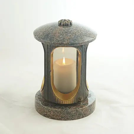 Runde Grablaterne Ø 15 cm, H 22 cm, Granit Gneis Halmstad, Gold-Messing