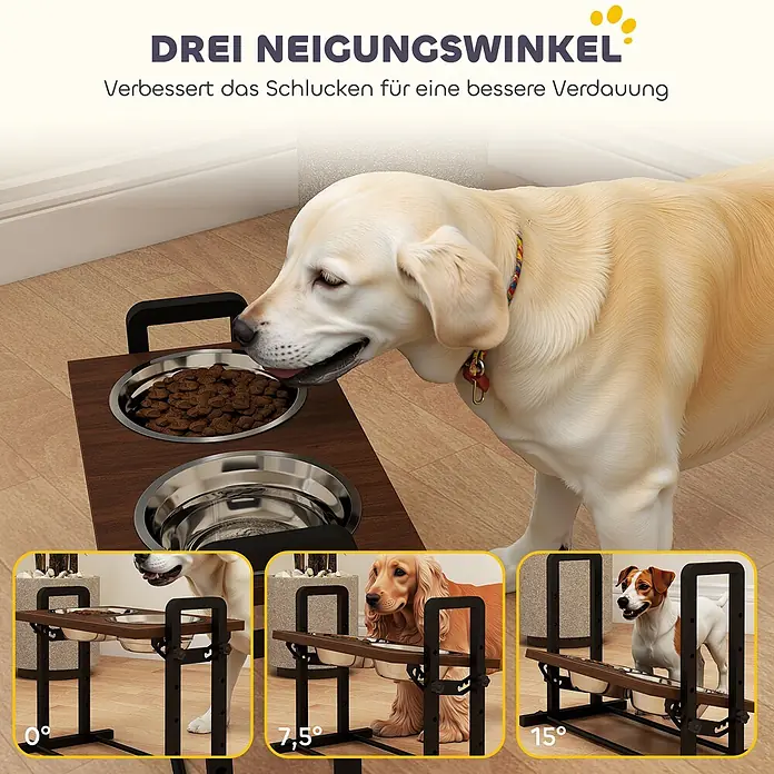 PawHut Futternapfstation Braun 48L x 26B x 36,5H cm -  - Verstellbarer erhöhter Hundenapf aus Holz und Metall mit zwei Edelstahlnäpfen, 3 Neigungswinkel (0°, 7,5°, 15°) zur besseren Verdauung.