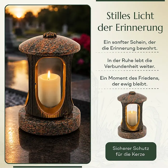 Runde Grablaterne Ø 15 cm, H 22 cm, Granit Gneis Halmstad, Gold-Messing -  - Grablampe im Granit-Look mit brennender Kerze und Metallakzenten, auf einem Friedhof bei Sonnenuntergang.