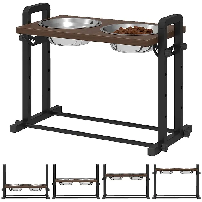 PawHut Futternapfstation Braun 48L x 26B x 36,5H cm -  - Höhenverstellbarer Fressnapfständer mit dunkler Holzoptikplatte, zwei Edelstahlnäpfen und schwarzem Metallgestell.