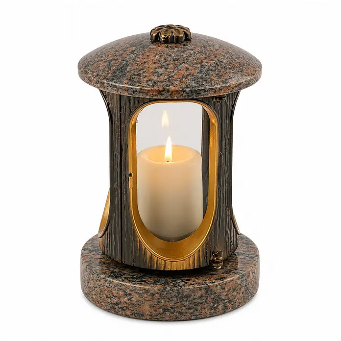 Runde Grablaterne Ø 15 cm, H 22 cm, Granit Gneis Halmstad, Gold-Messing -  - Grablampe aus Granit und Metall mit Goldakzenten, die eine brennende Kerze enthält.