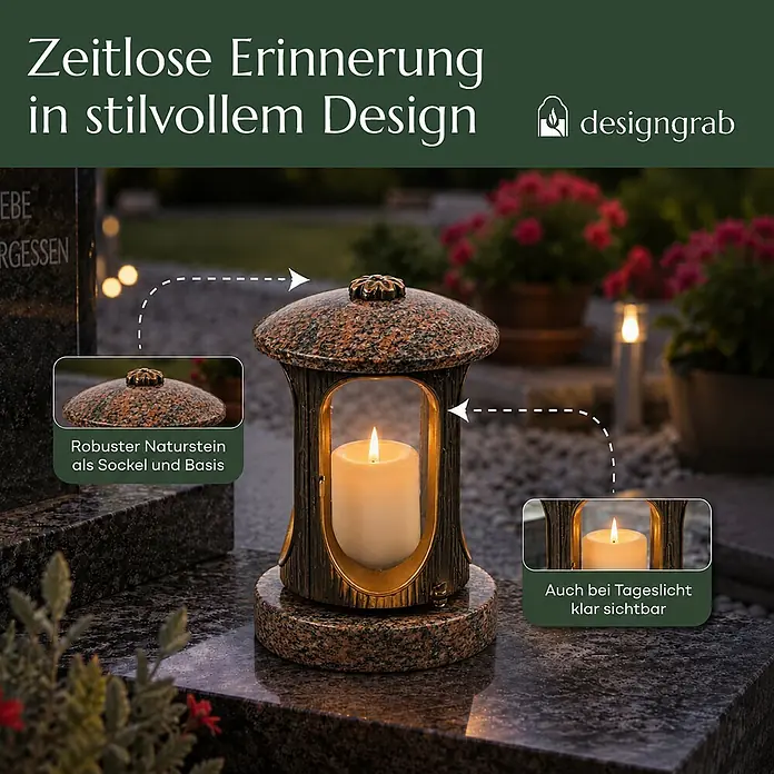 Runde Grablaterne Ø 15 cm, H 22 cm, Granit Gneis Halmstad, Gold-Messing -  - Grablampe aus Granit und Metall auf einem Grab. Mit robustem Natursteinsockel und auch bei Tageslicht klar sichtbarer Kerze für zeitloses Gedenken.