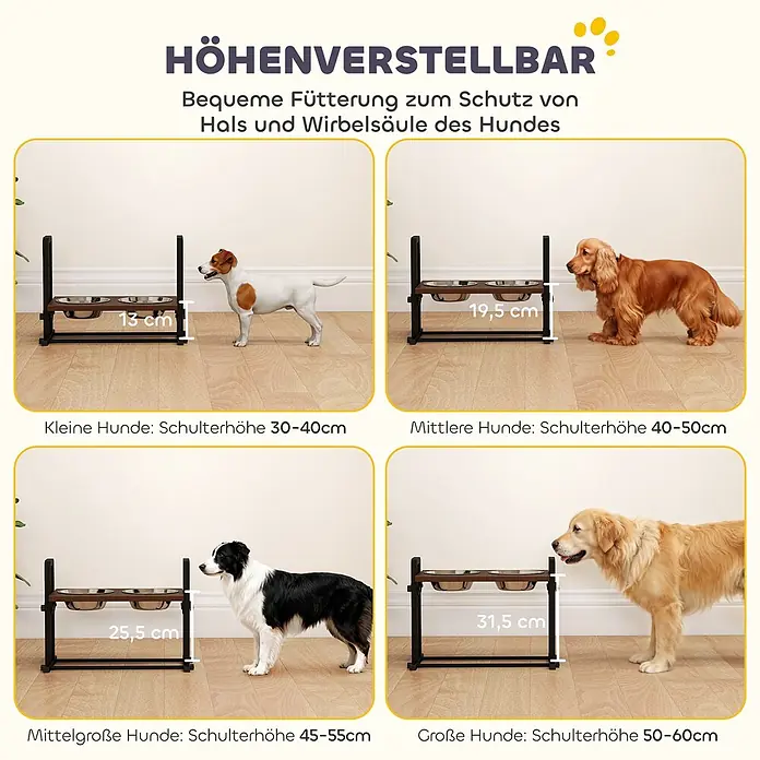 PawHut Futternapfstation Braun 48L x 26B x 36,5H cm -  - Höhenverstellbarer Futterständer aus dunklem Holz mit Metallnäpfen, gezeigt für Hunde (13-31,5 cm Schulterhöhe) für bequemes Fressen.