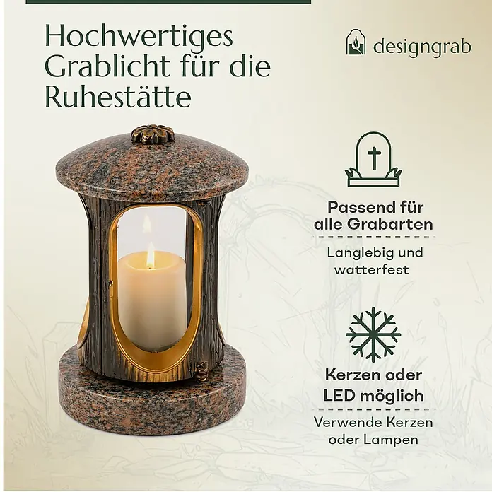 Runde Grablaterne Ø 15 cm, H 22 cm, Granit Gneis Halmstad, Gold-Messing -  - Hochwertiges Grablicht aus gesprenkeltem Granit und dunklem Metall, mit brennender Kerze, für Ruhestätten.