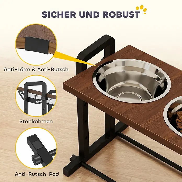 PawHut Futternapfstation Braun 48L x 26B x 36,5H cm -  - Dunkles Holz erhöhtes Haustierfutterstation mit schwarzem Stahlrahmen, Edelstahlnäpfen und rutsch-/lärmhemmenden Elementen für Stabilität.