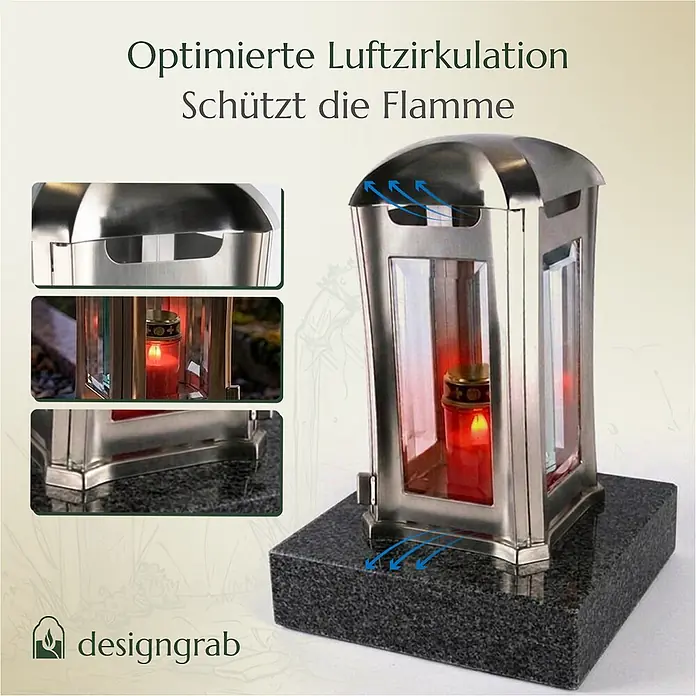 Grablaterne Venezia mit Granit-Sockel Nero Impala, 13x13x24 cm, Edelstahl -  - Silberne Grablaterne auf Granitsockel, mit brennender roter Kerze. Optimierte Luftzirkulation schützt die Flamme.