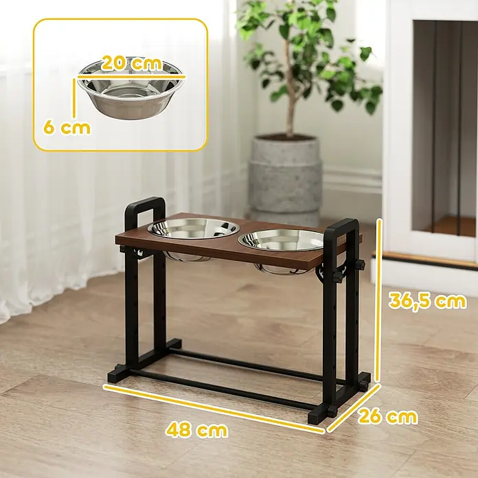 PawHut Futternapfstation Braun 48L x 26B x 36,5H cm -  - Erhöhter Doppelnapfständer mit Edelstahlnäpfen, Holzplatte und schwarzem Metallgestell. Maße: 48x26x36,5 cm. Näpfe: Ø 20 cm, 6 cm tief.