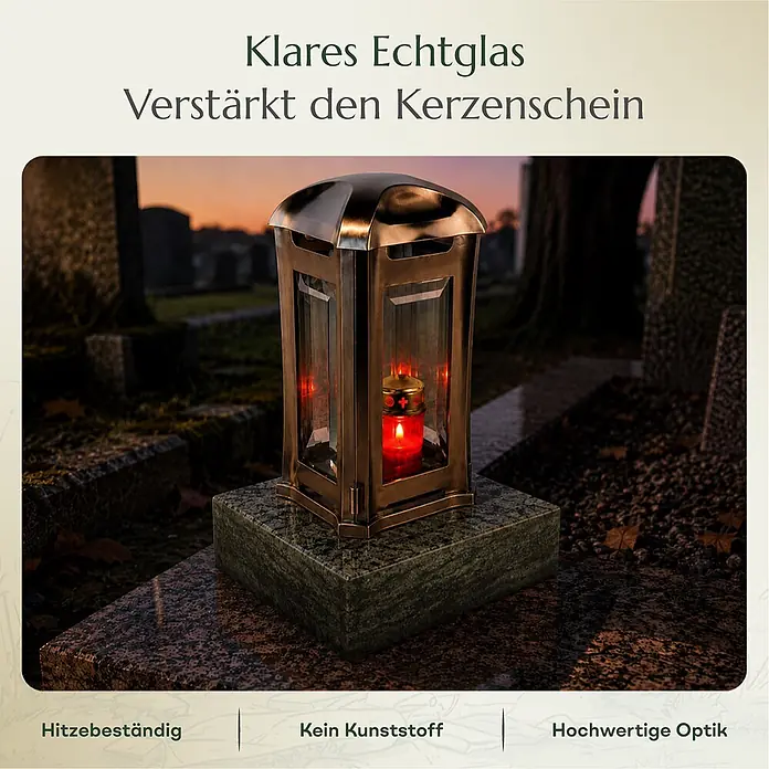 Grablaterne Venezia mit Granit-Sockel Olive Green, 13x13x24 cm, Edelstahl -  - Grablaterne aus Echtglas & Metall mit brennender Kerze auf Grabstein. Hitzebeständig, kein Kunststoff.